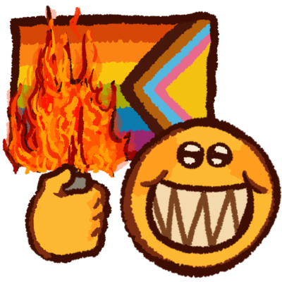 An emoji yellow figure smiling with sharp teeth and a burning a progress pride flag with a lighter